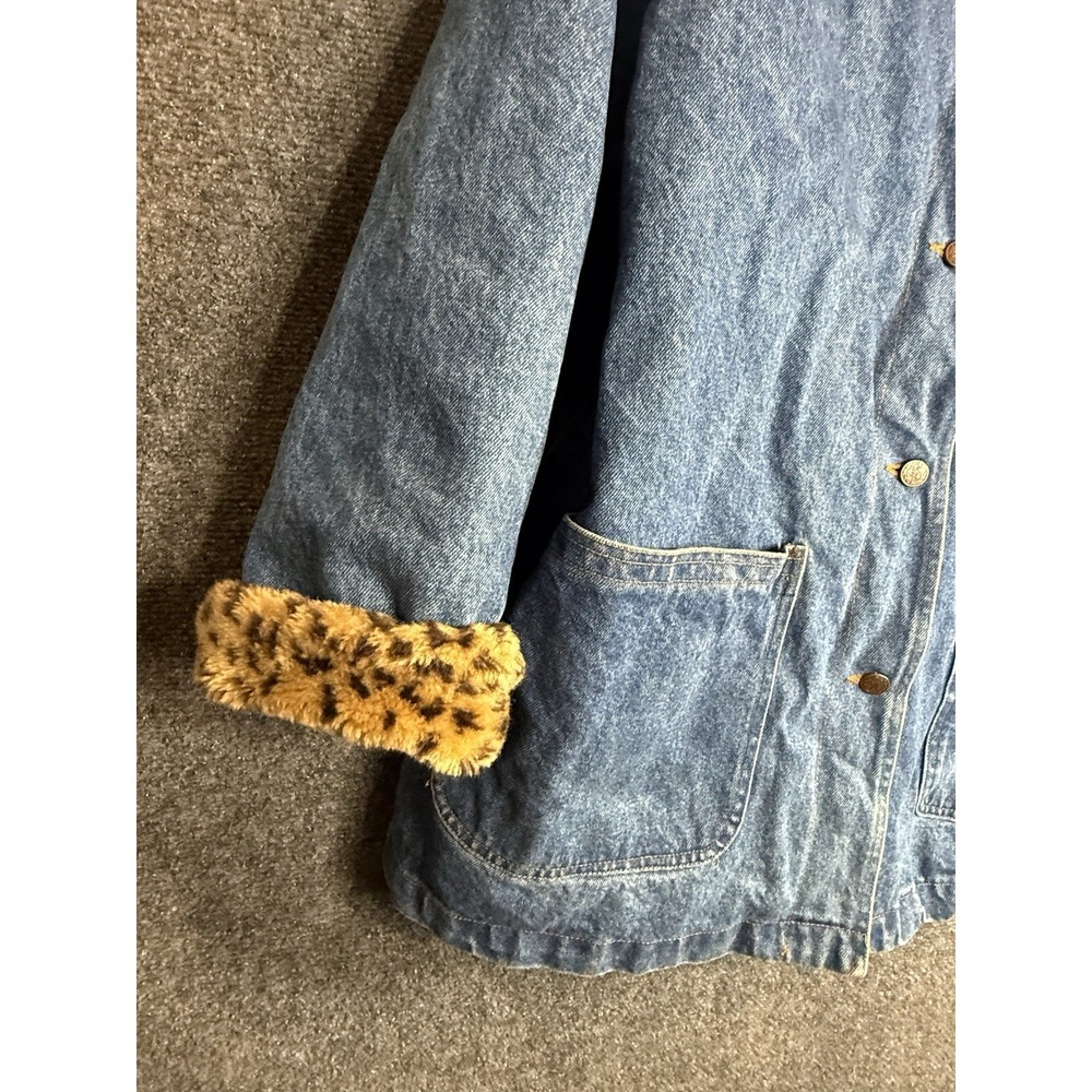 VINTAGE 70s Denim Jacket Lew Magram Cheetah Print Faux Fur Trim Collared Size L - Picture 2 of 8
